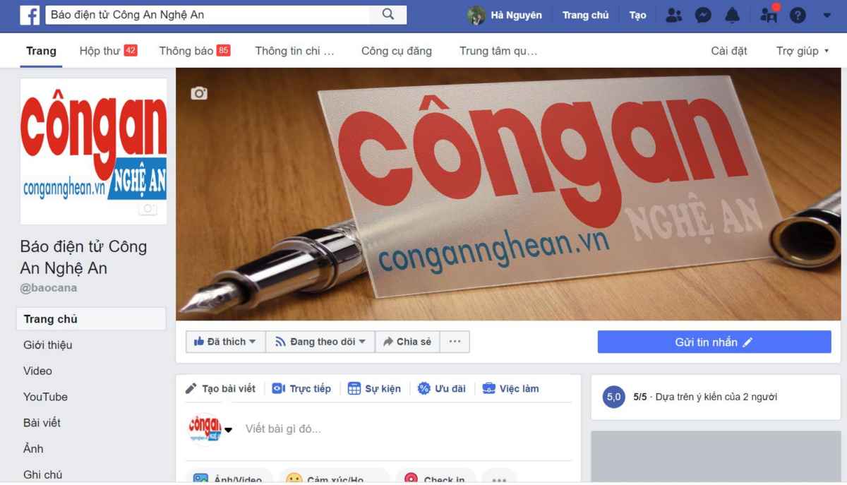Giao diện Fanpage Báo điện tử Công an Nghệ An