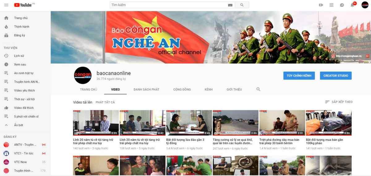 Giao diện kênh Youtube Báo Công an Nghệ An 