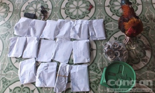 Tang vật vụ đá gà ăn tiền.