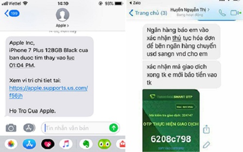 Hacker gửi tin nhắn có dòng ký tự “https” để bẫy nạn nhân truy cập vào trang web giả nhằm cướp tài khoản; Một đoạn chat mà đối tượng gửi cho bị hại để lừa đảo.