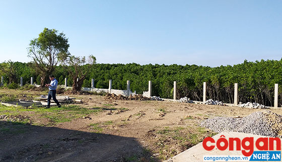 Khu mặt bằng đã san lấp và bờ tường bao của ông Hồ Năng Đức lấn chiếm đất rừng phòng hộ