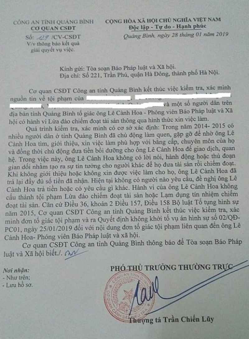 Công an Quảng Bình kết luận vụ việc phóng viên Báo Pháp luật & xã hội