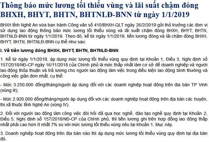Thông báo mức lương tối thiểu vùng và lãi suất chậm đóng BHXH, BHYT, BHTN, BHTNLĐ-BNN từ ngày 1/1/2019