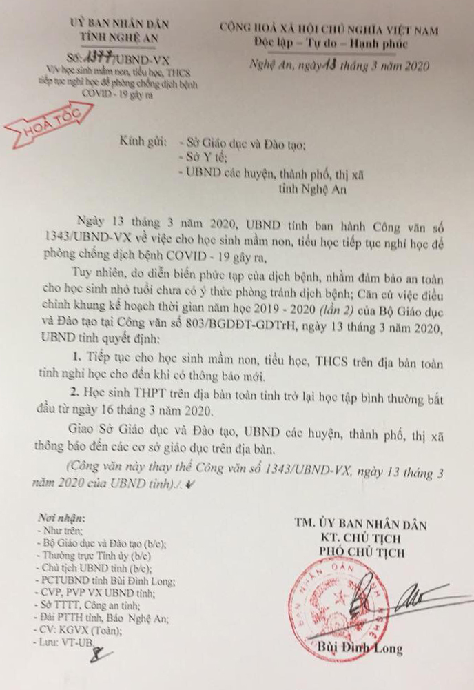 Nghệ An cho học sinh cấp THCS trở xuống tiếp tục nghỉ học để phòng chống dịch Covid-19.