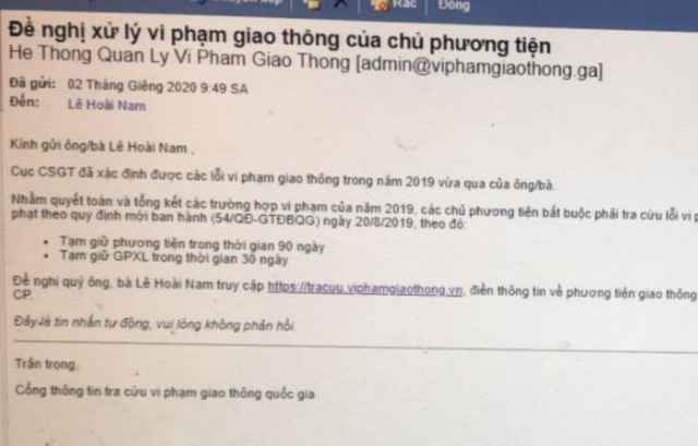Cảnh báo thủ đoạn lừa đảo xử lý vi phạm giao thông qua email