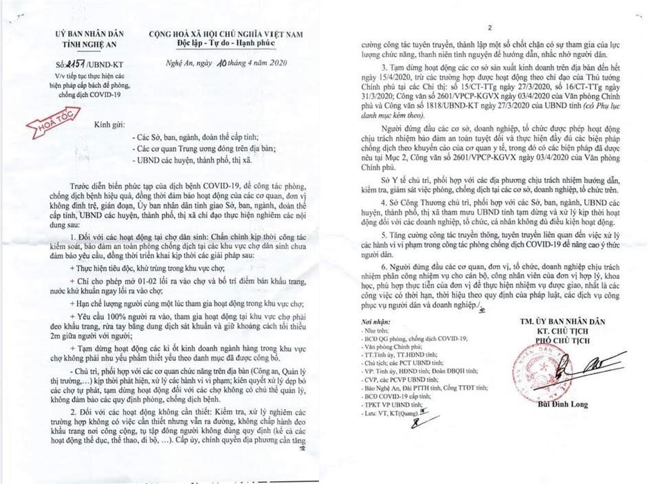 Nội dung Công văn hỏa tốc của UBND tỉnh Nghệ An