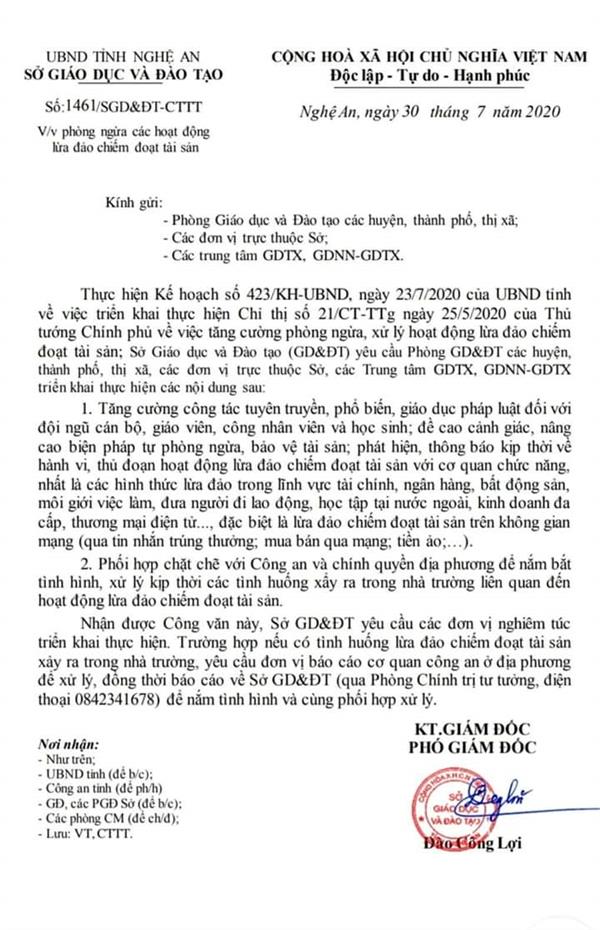 Ngành giáo dục Nghệ An: Phòng ngừa các hoạt động lừa đảo chiếm đoạt tài sản