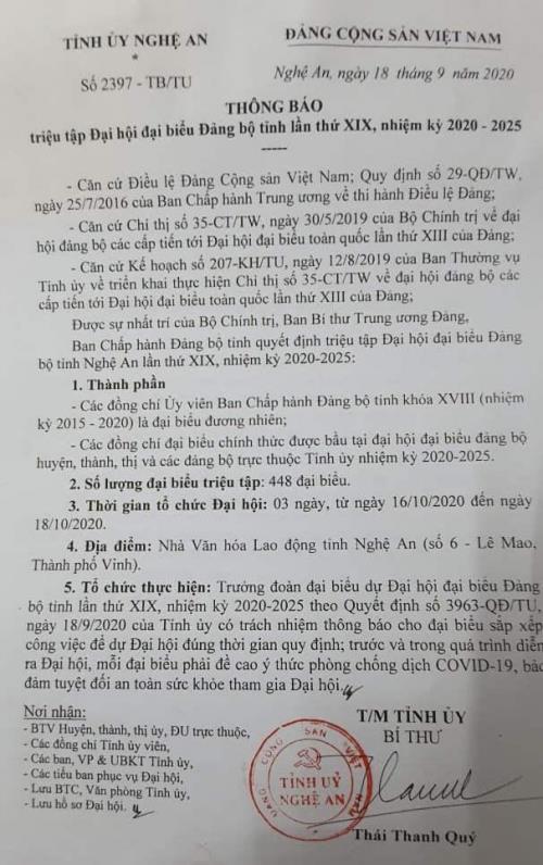 Thông báo triệu tập Đại hội đại biểu Đảng bộ tỉnh Nghệ An nhiệm kỳ 2020 - 2025.
