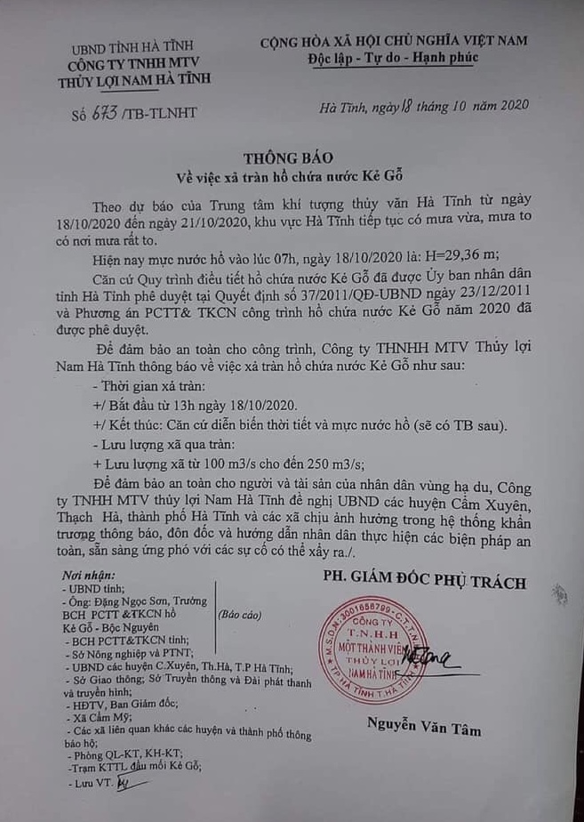 Công văn về việc xả lũ