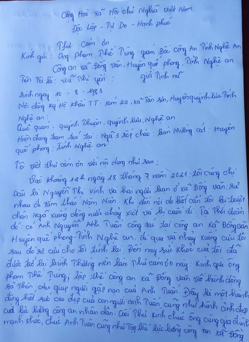 Thư cảm ơn của chị Vũ Thị Yến