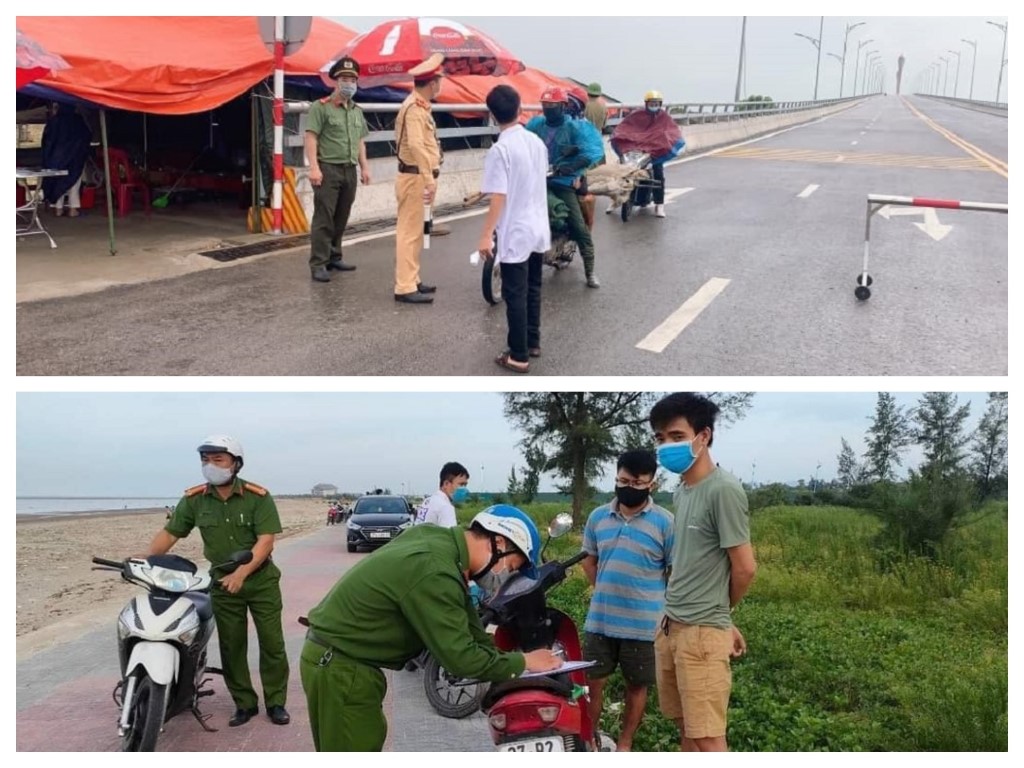 Công an thị xã Cửa Lò trực chốt tại cầu Cửa Hội và xử lí nghiêm các trường hợp vi phạm phòng chống dịch