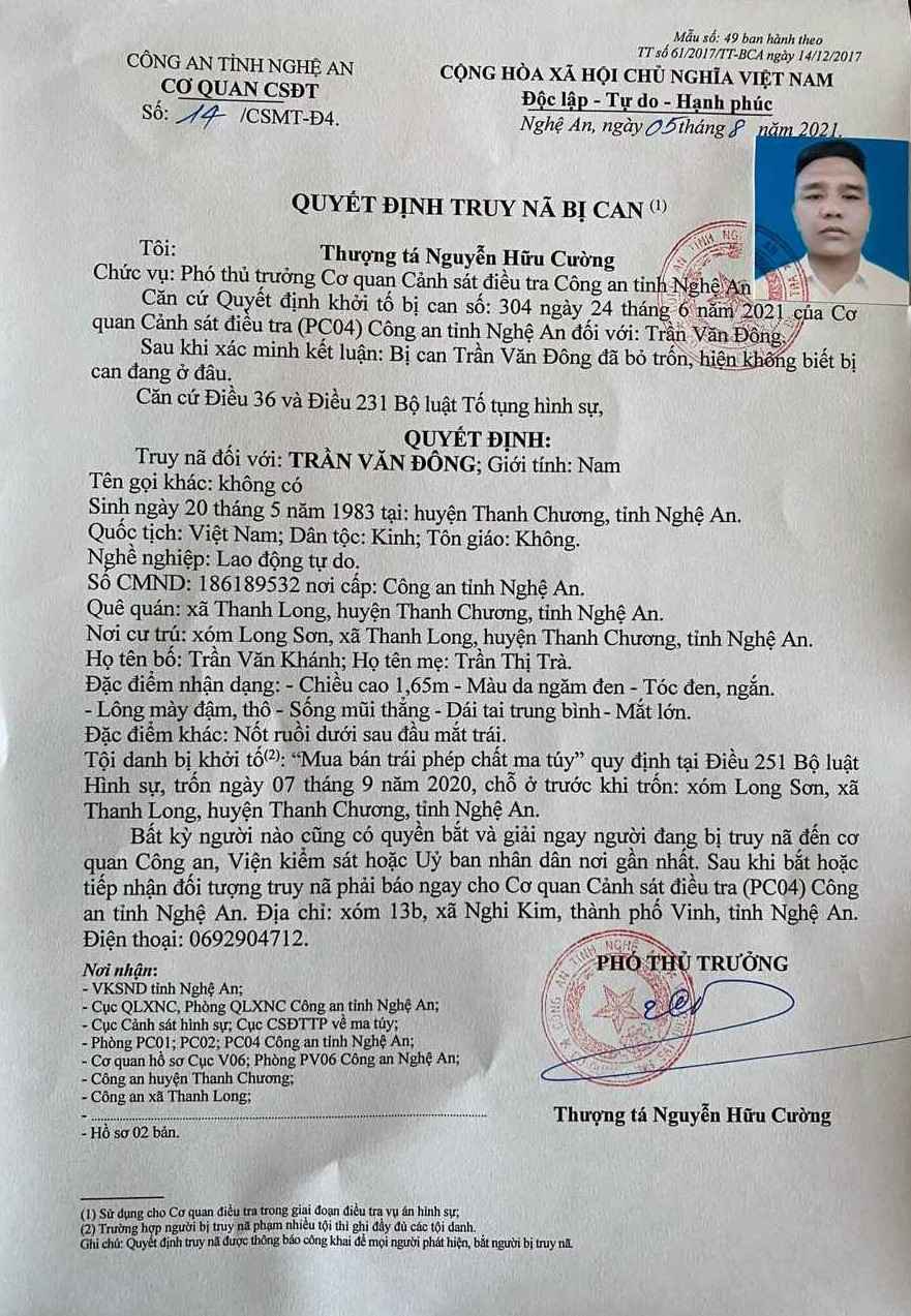 Quyết định truy nã Trần Văn Đông 