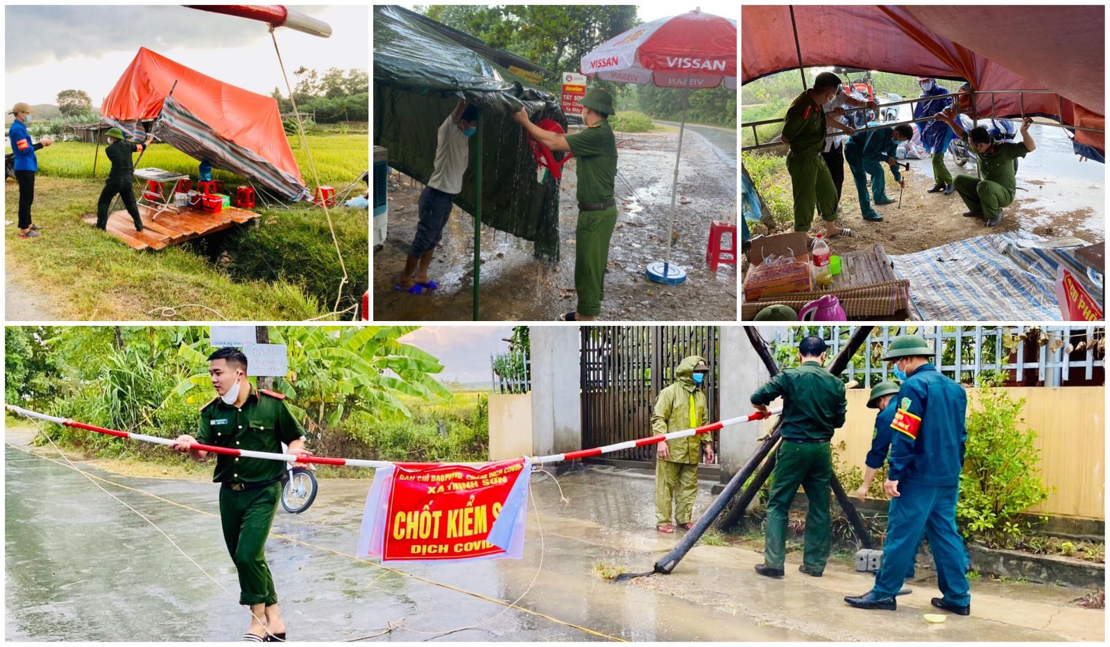 Cán bộ công an huyện Đô Lương dựng lại lán trại sau khi cơn mưa dông làm sập vào chiều 25.8