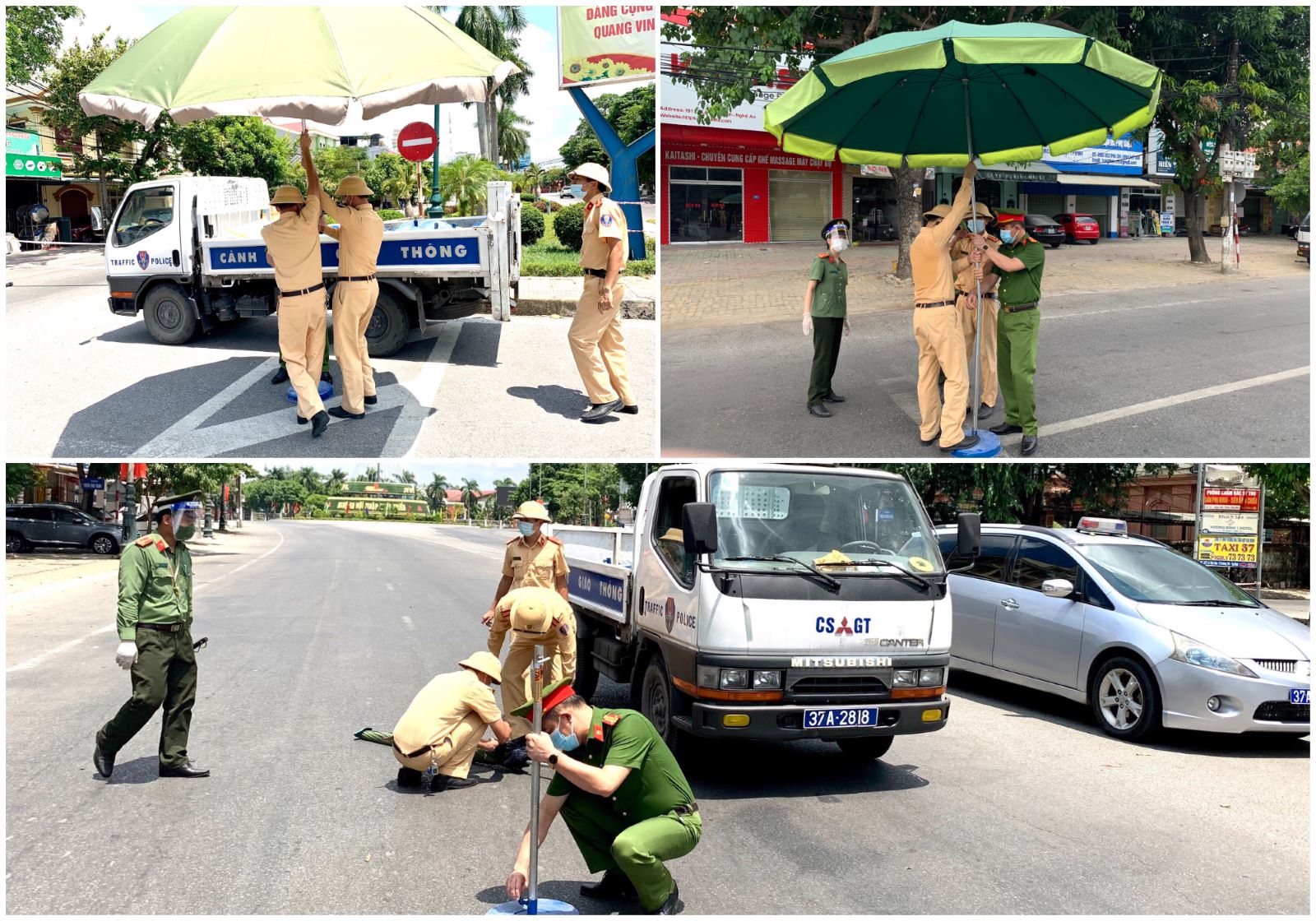 Công an thành phố Vinh dựng ô che nắng tại các điểm chốt