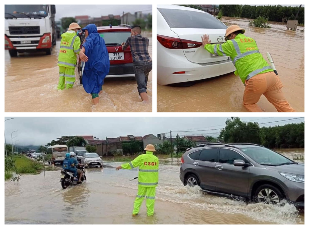 Cảnh sát giao thông Công an thị xã Thái Hoà và Trạm Cảnh sát giao thông 51 phân luồng giao thông, hỗ trợ phương tiện qua tuyến đường ngập lụt