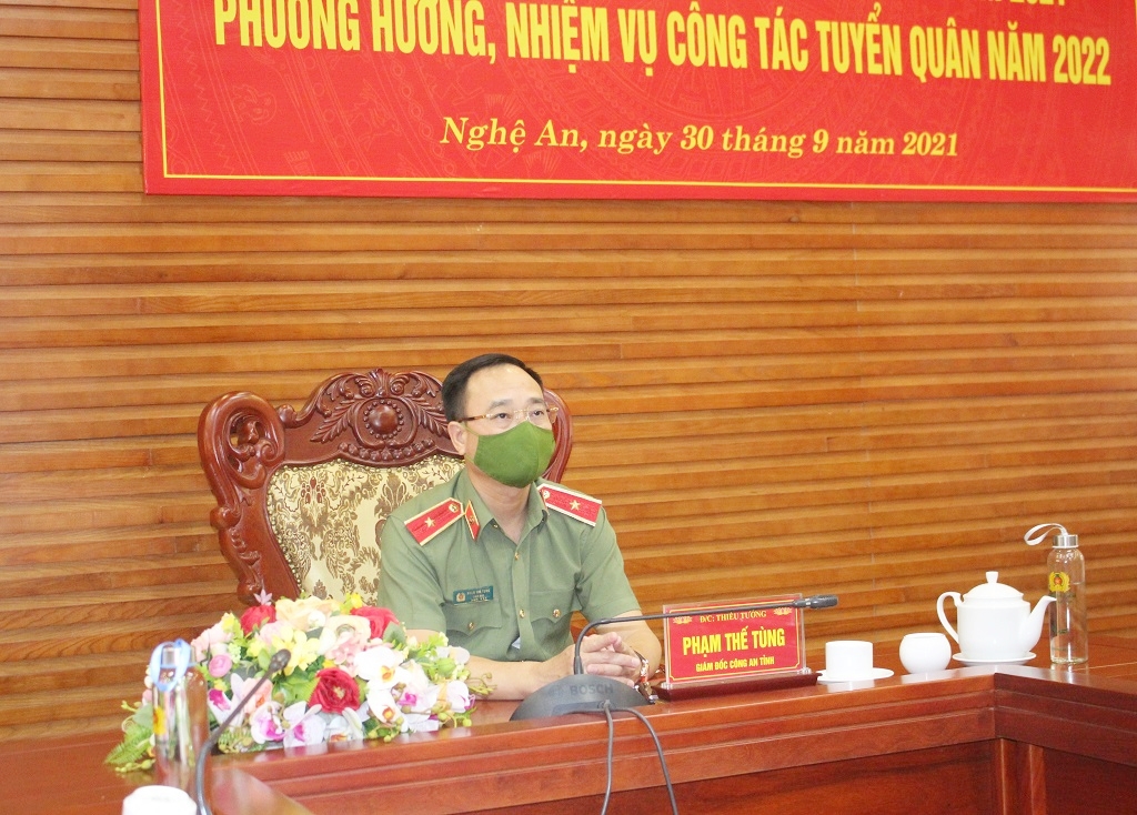 Đồng chí Thiếu tướng Phạm Thế Tùng, Giám đốc Công an tỉnh Nghệ An chủ trì Hội nghị tại điểm cầu Công an tỉnh Nghệ An