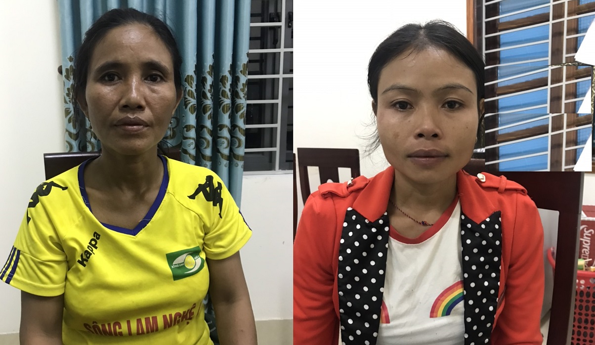 Đối tượng Moong Thị Xúm (trái) và Lo Thị Căm tại cơ quan Công an