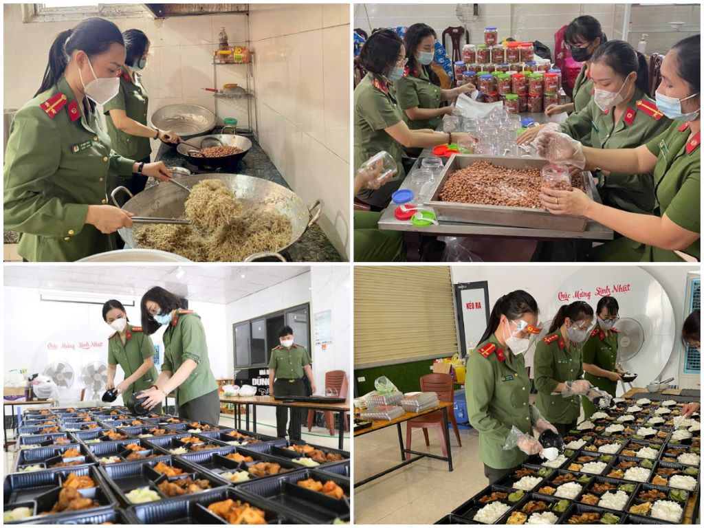 Phụ nữ Công an Nghệ An nấu cơm phục vụ các điểm chốt phòng chống Covid-19 và gửi thực phẩm hỗ trợ Công an thành phố Hồ Chí Minh phòng, chống dịch