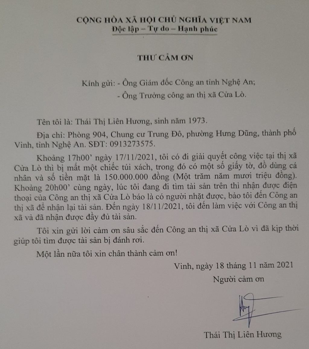 Thư cảm ơn của chị Hương