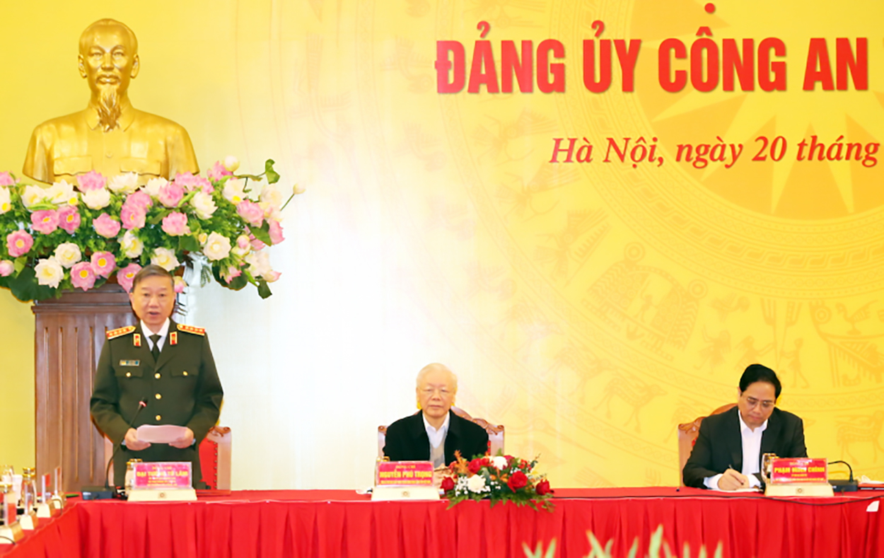 Đại tướng Tô Lâm, Ủy viên Bộ Chính trị, Bí thư Đảng ủy Công an Trung ương, Bộ trưởng Bộ Công an  phát biểu khai mạc Hội nghị Đảng ủy Công an Trung ương, ngày 20/12/2021