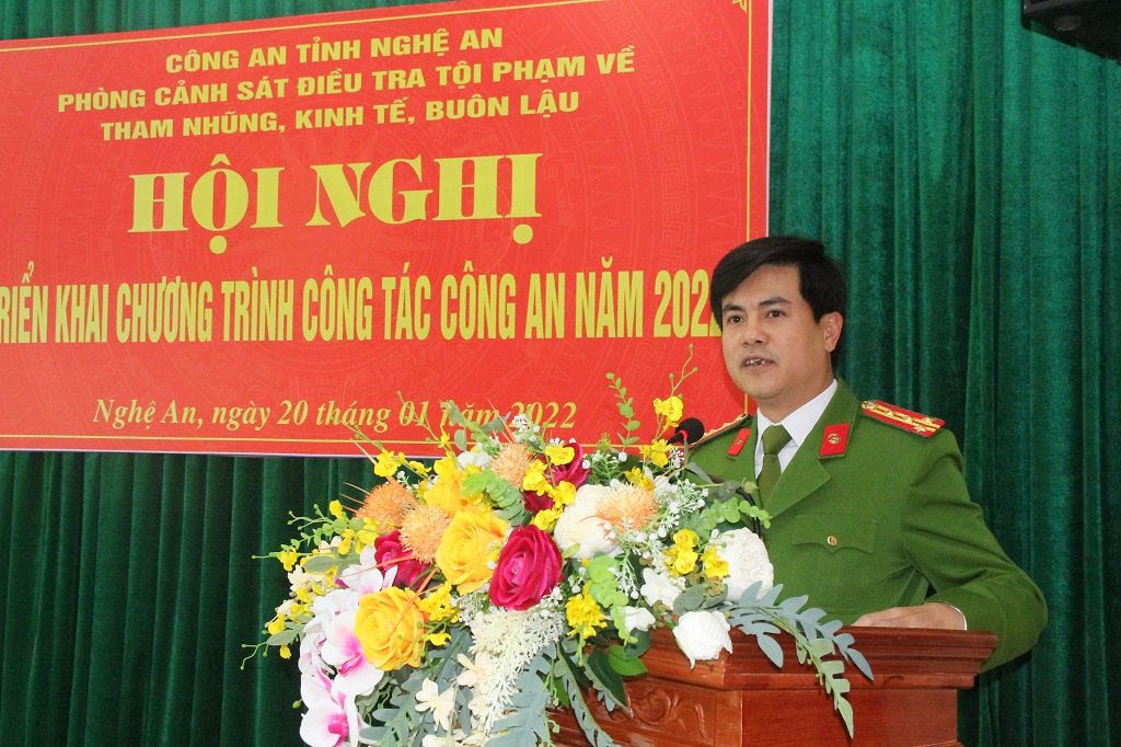 Đồng chí Đại tá Nguyễn Đức Hải, Phó Giám đốc Công an tỉnh, Thủ trưởng Cơ quan Cảnh sát điều tra phát biểu chỉ đạo tại Hội nghị 