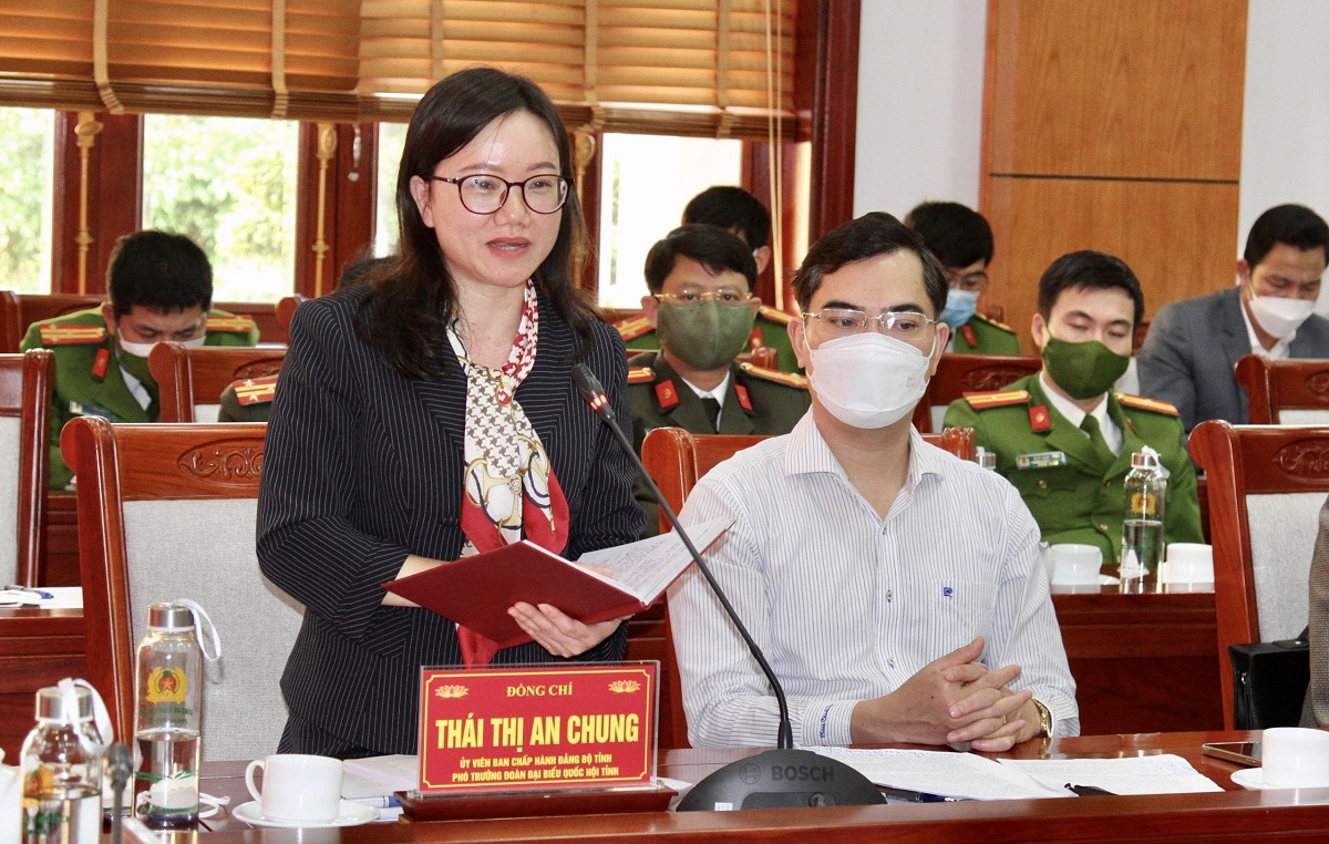 Đồng chí Thái Thị An Chung, Uỷ viên BCH Đảng bộ tỉnh, Phó Trưởng đoàn Đại biểu Quốc hội tỉnh phát biểu tại Hội nghị