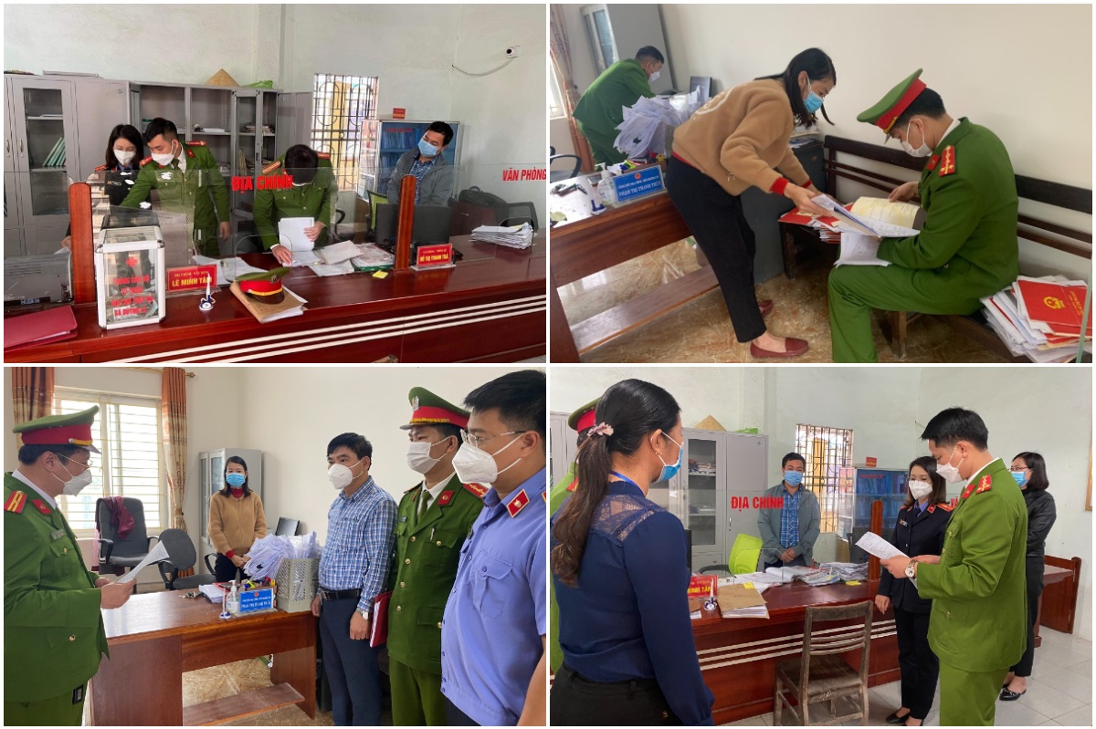 Công an huyện Quỳnh Lưu phối hợp với cơ quan chức năng khám xét nơi làm việc và tống đạt quyết định khởi tố đối với 02 bị can Lê Minh Tâm và Phạm Thị Thanh Thuỷ về tội “Lợi dụng chức vụ, quyền hạn chiếm đoạt tài sản”