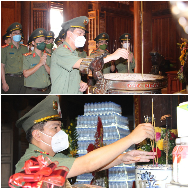 Đồng chí Trung tá Bùi La Sơn, Phó Trưởng phòng Tham mưu dâng hương tại Khu di tích Kim Liên và Đền Chung Sơn