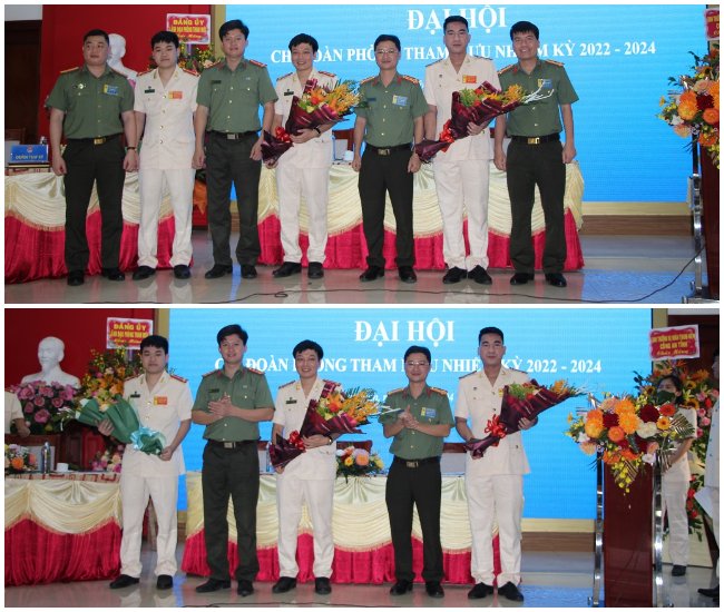 Lãnh đạo Phòng Tham mưu và Đoàn thanh niên Công an tỉnh tặng hoa chúc mừng Ban chấp hành Chi đoàn nhiệm kỳ 2022 - 2024