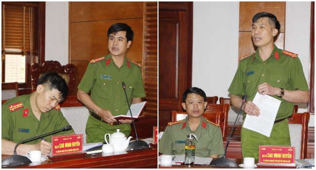 Các đồng chí Phó Giám đốc Công an tỉnh, Đại tá Nguyễn Đức Hải, Đại tá Cao Minh Huyền trình bày tại Hội nghị