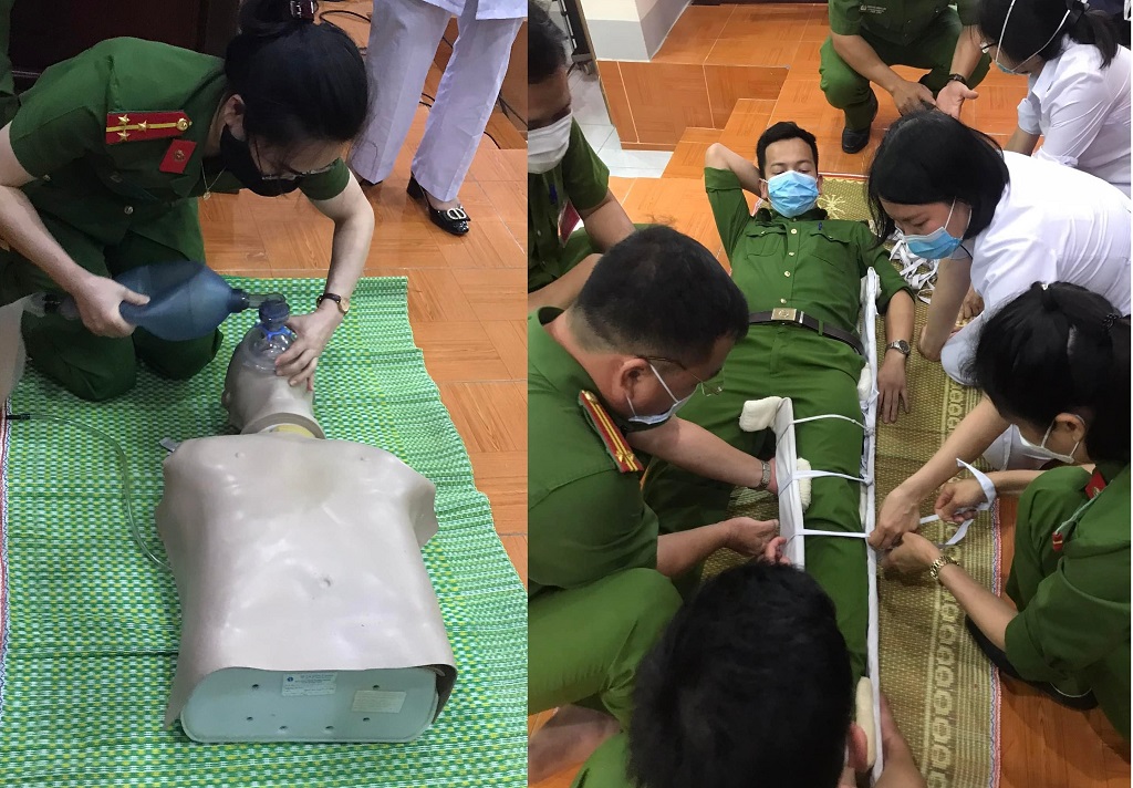 Các cán bộ, chiến sĩ được hướng dẫn và thực hành các nguyên lý cơ bản về sơ cấp cứu, cấp cứu ban đầu