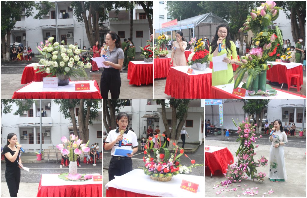 Các thí sinh thuyết trình phần thi cắm hoa nghệ thuật