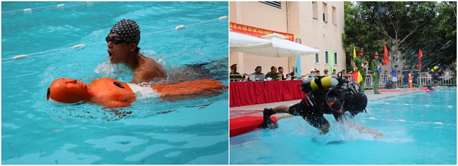 Trong các nội dung thì phần thi bơi cứu nạn, cứu hộ và bơi cứu nạn, cứu hộ trong môi trường nước được thi đầu tiên.