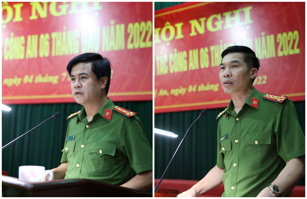 Các đồng chí Phó Giám đốc Công an tỉnh: Đại tá Hồ Văn Tứ, Đại tá Lê Văn Thái, Đại tá Nguyễn Đức Hải, Đại tá Cao Minh Huyền phát biểu tại Hội nghị