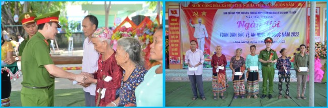 Lãnh đạo Công an huyện Quỳ Hợp tặng quà cho các gia đình có hoàn cảnh khó khăn trên địa bàn xã Châu Cường