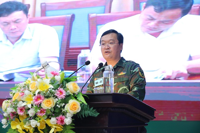 Chủ tịch UBND tỉnh Nghệ An Nguyễn Đức Trung báo cáo kết quả diễn tập Khu vực phòng thủ, phòng thủ dân sự tỉnh năm 2022