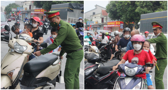 Lực lượng chức năng nhắc nhở và di chuyển các phương tiện dừng đỗ vi phạm trước cổng trường