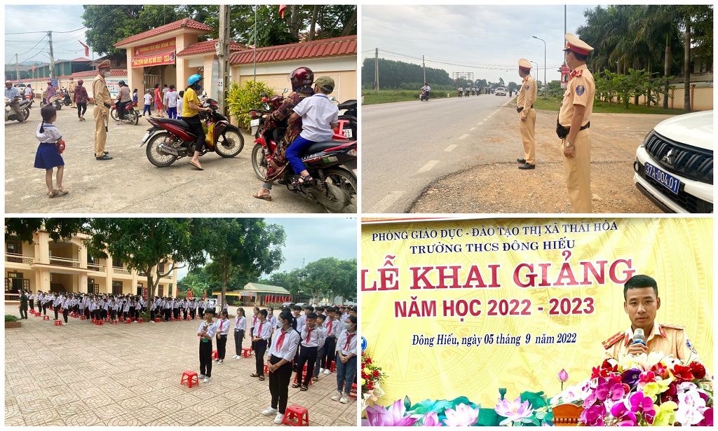 Đội Cảnh sát giao thông đường bộ số 1 (Phòng CSGT Công an Nghệ An) triển khai lực lượng đảm bảo ATGT lễ khai giảng và tuyên truyền kiến thức đảm bảo trật tự an toàn giao thông tại Trường THCS Đông Hiếu, Thị xã Thái Hoà