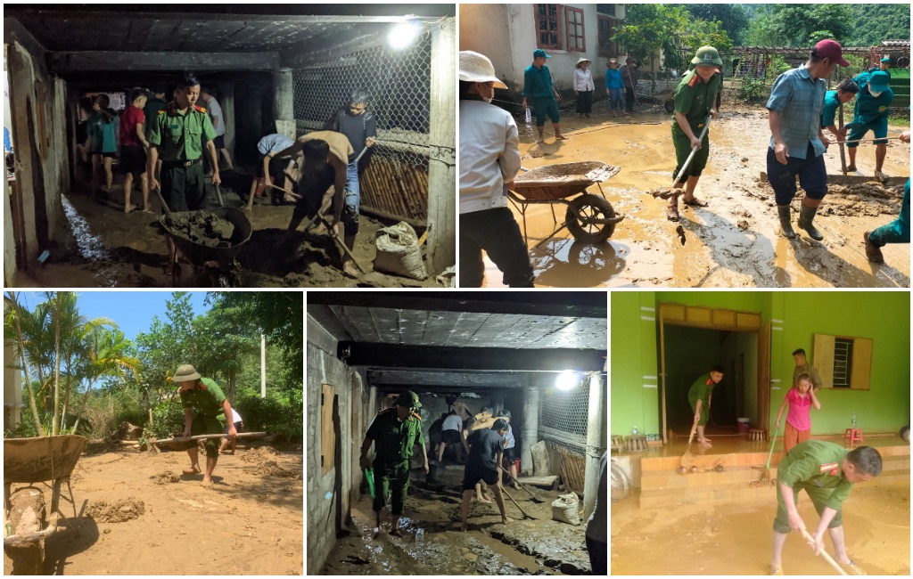 Lực lượng Công an tham gia dọn dẹp tại nhà dân và trường học