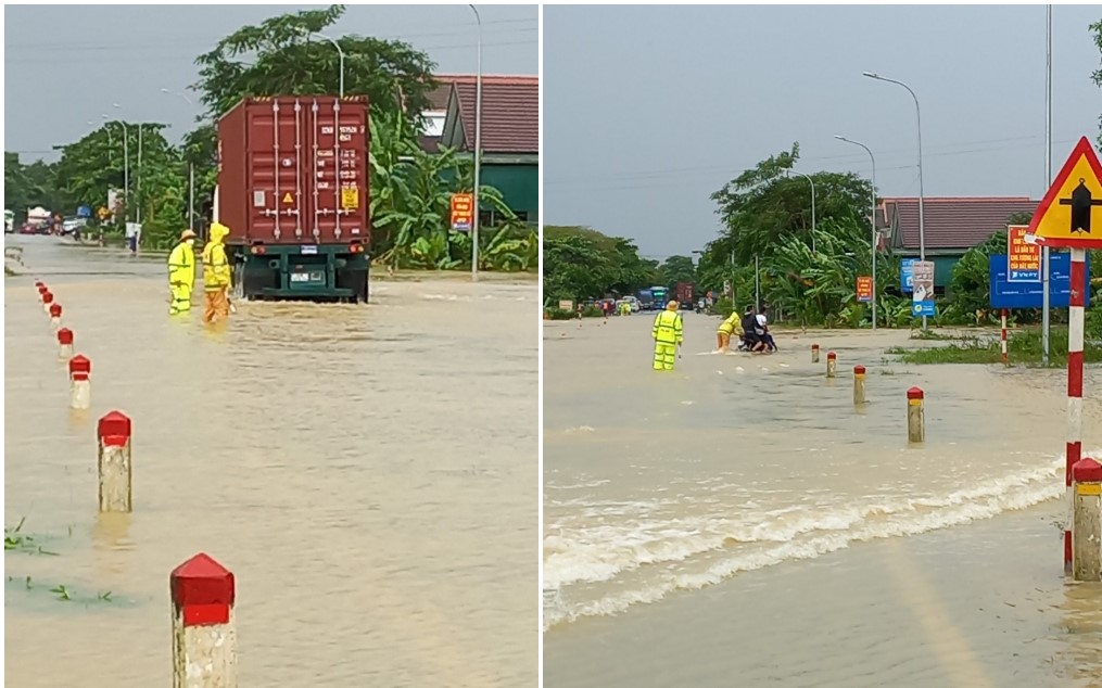 Công an thị xã Thái Hòa điều tiết, phân luồng giao thông qua Quốc lộ 48 thuộc địa phận xóm 3, xã Nghĩa Thuận, thị xã Thái Hòa