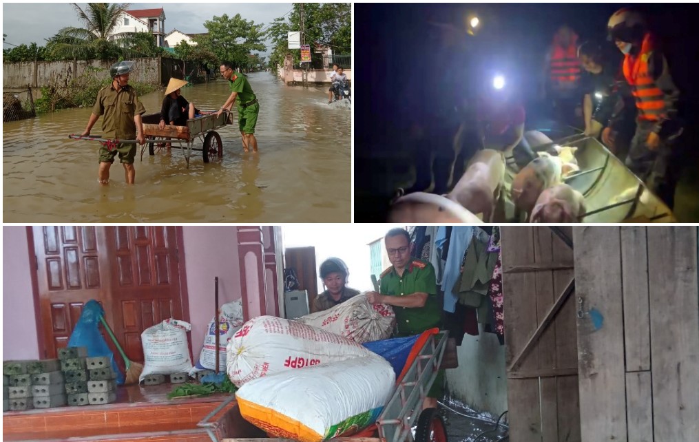 Công an huyện Yên Thành kịp thời hỗ trợ người già, lương thực, vật nuôi ra khỏi khu vực mưa ngập