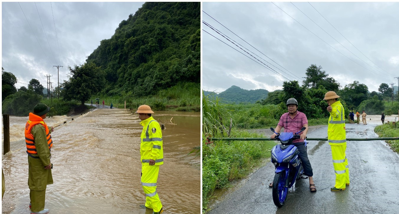 Lãnh đạo Công an huyện Quỳ Hợp chỉ đạo lực lượng Cảnh sát giao thông kiểm tra, chốt chặn các cầu tràn, đảm bảo an toàn cho người dân 