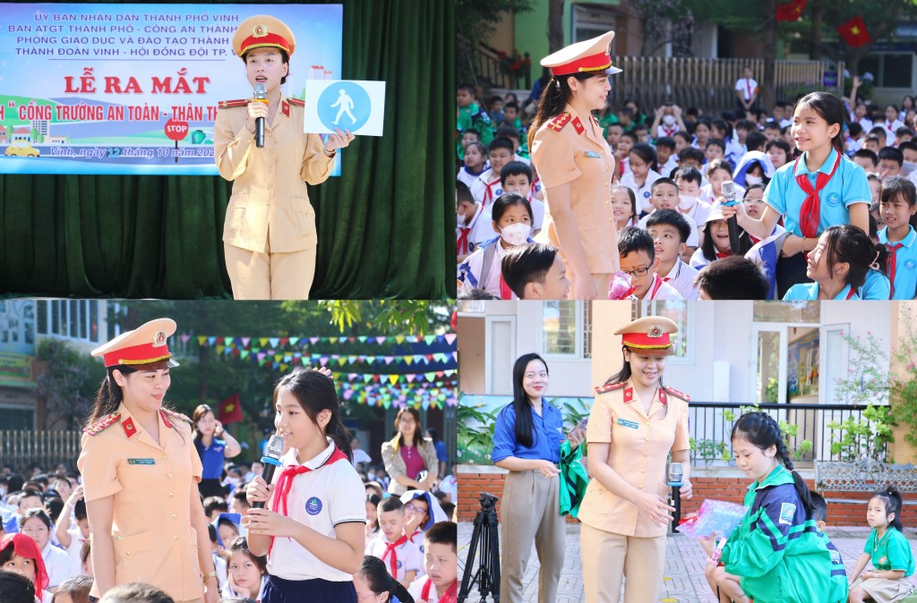 Với hình thức tuyên truyền trực quan sinh động, hiệu quả của cán bộ Đội Cảnh sát giao thông Công an thành phố Vinh đã thu hút sự giam gia tích cực của học sinh