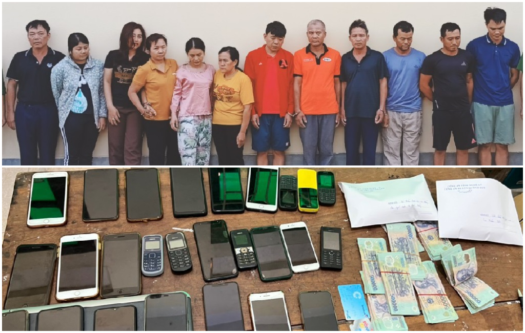 Các đối tượng và tang vật trong đường dây đánh bạc dưới hình thức mua bán số lô, số đề qua mạng internet bị Công an huyện Quỳnh Lưu phối hợp với các đơn vị nghiệp vụ đấu tranh, triệt xoá