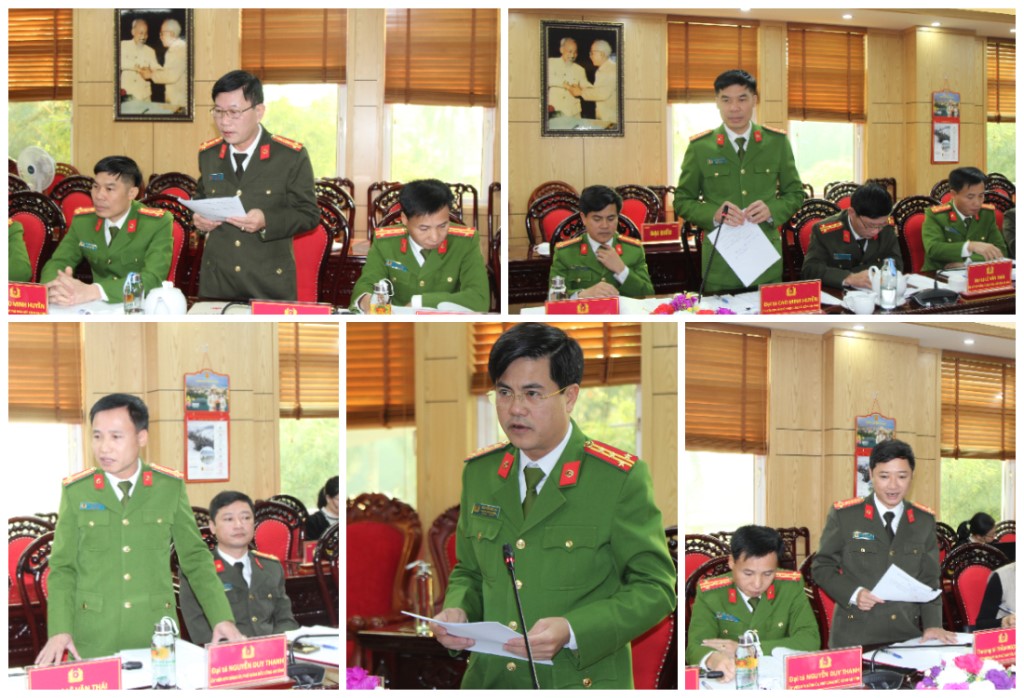 Các đồng chí trong Ban Thường vụ Đảng uỷ Công an tỉnh tập trung thảo luận những kết quả đạt được, chỉ ra những tồn tại, hạn chế và các giải pháp khắc phục