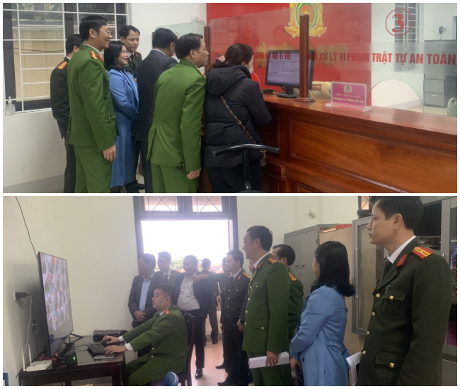 Các đại biểu tham quan Bộ phận một cửa Công an cấp huyện kiểu mẫu và hệ thống camera giám sát Bộ phận một cửa Công an cấp xã, thị trấn trên địa bàn huyện Anh Sơn