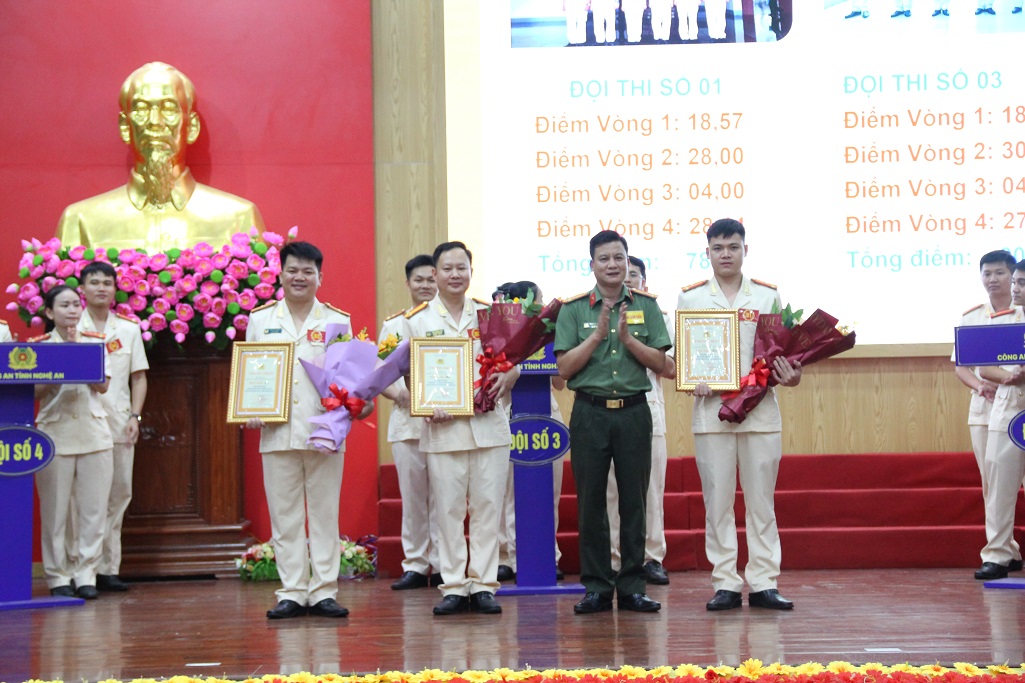 Đồng chí Thượng tá Phạm Vũ Cường, Trưởng Phòng Tham mưu Công an tỉnh trao thưởng cho các đội thi đạt giải Ba