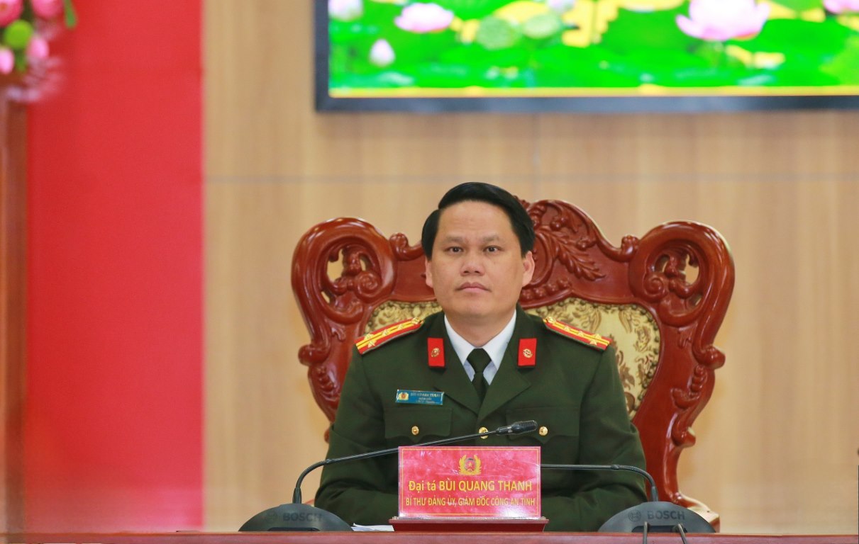 Tại điểm cầu Công an Nghệ An, đồng chí Đại tá Bùi Quang Thanh - Bí thư Đảng ủy, Giám đốc Công an tỉnh chủ trì hội nghị