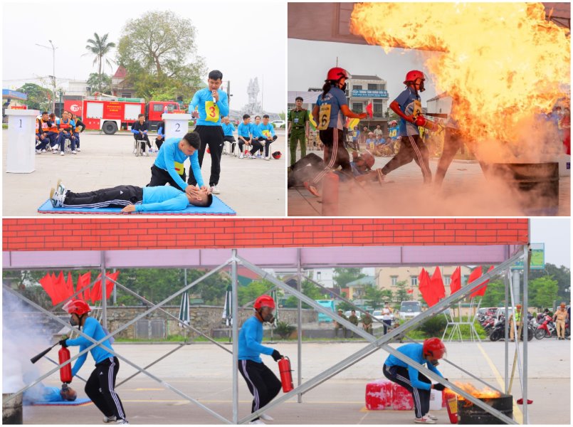 Các vận động viên tham gia phần thi tình huống: chữa cháy và giải cứu người bị nạn mắc kẹt bên trong căn nhà đang cháy