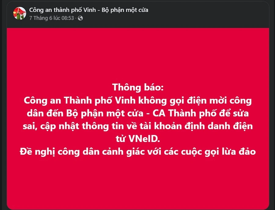 Công an thành phố Vinh đăng thông báo cảnh giác các cuộc gọi lừa đảo của kẻ gian tới người dân